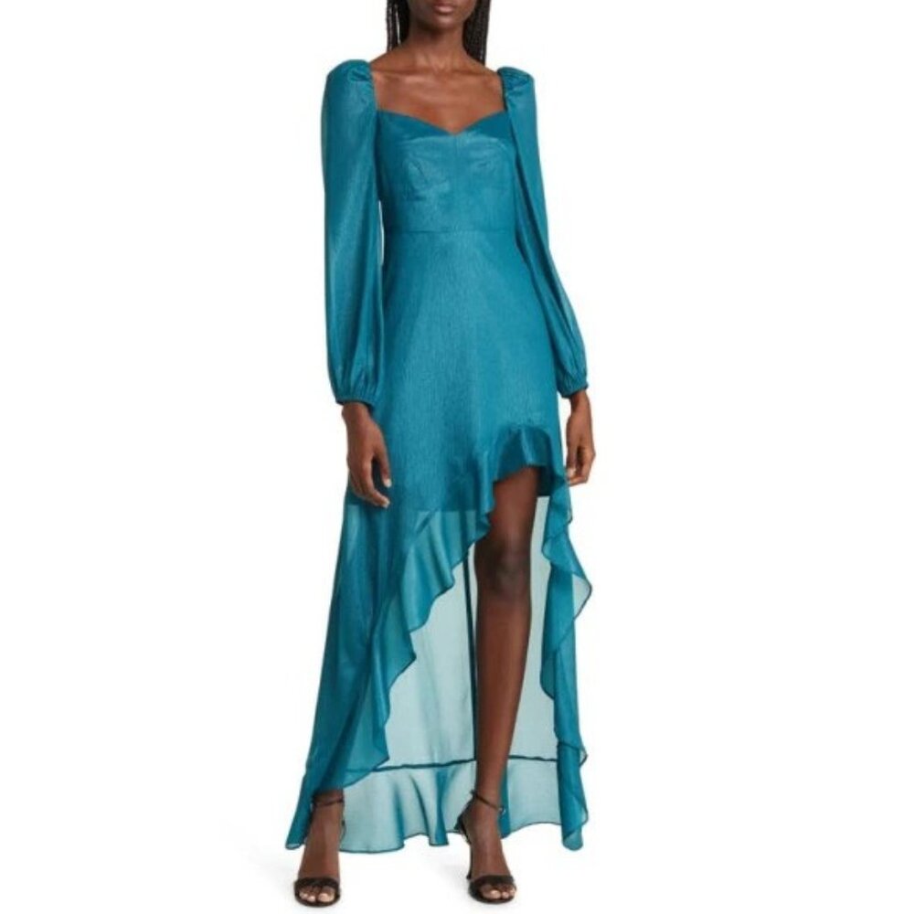 New FLORET STUDIOS Cascading Ruffle Long Sleeve Satin Teal Dress P4904